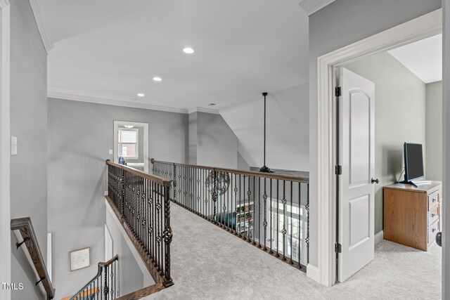 204 Franconia Way, Apex, NC 27502 - hallway featuring an upstairs landing, carpet flooring, ornamental molding, and recessed lighting
