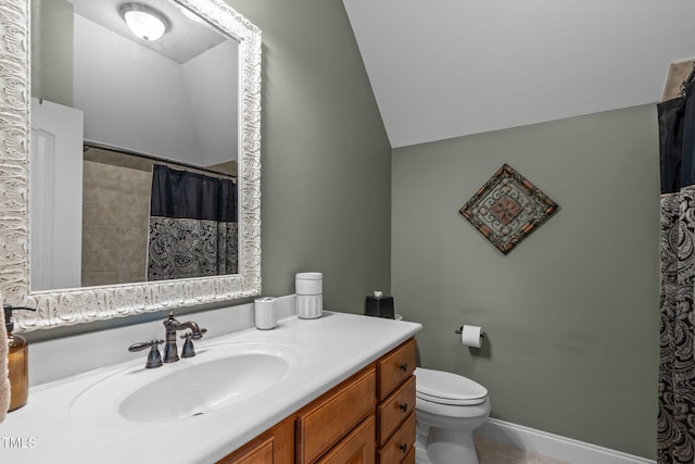 204 Franconia Way, Apex, NC 27502 - full bath with vanity, tile patterned flooring, lofted ceiling, and a shower with curtain