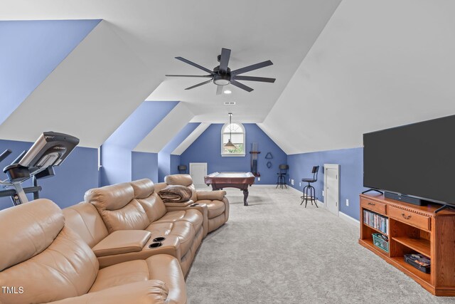 204 Franconia Way, Apex, NC 27502 - home theater room featuring a ceiling fan, lofted ceiling, carpet floors, and billiards table