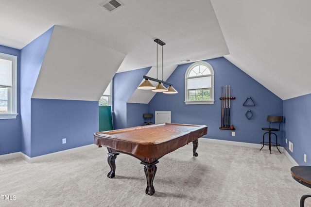 204 Franconia Way, Apex, NC 27502 - rec room featuring carpet floors, vaulted ceiling, and pool table