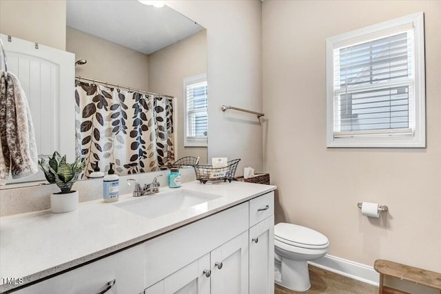607 Laurel Lake Rd, Salemburg, NC 28385 - bathroom featuring toilet, vanity, baseboards, wood finished floors, and curtained shower