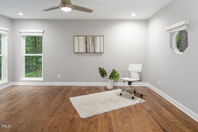 123 Becket Bnd, Pittsboro, NC 27312 - living area with baseboards, dark wood-style floors, ceiling fan, and recessed lighting