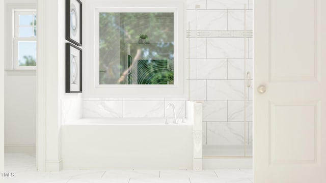 275 Sutherland Dr, Franklinton, NC 27525 - bathroom featuring a bath, marble finish floors, and a shower