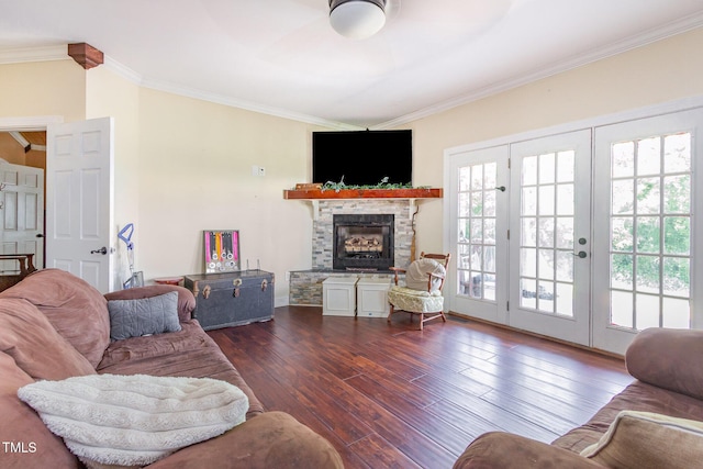 1770 Gentry Ridge Rd, Roxboro, NC 27574 - living room with dark wood-style floors, ceiling fan, a fireplace, and ornamental molding