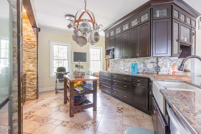 1770 Gentry Ridge Rd, Roxboro, NC 27574 - kitchen featuring ornamental molding, a sink, a chandelier, tasteful backsplash, and baseboards