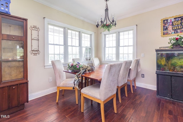 1770 Gentry Ridge Rd, Roxboro, NC 27574 - dining room featuring dark wood finished floors, a chandelier, ornamental molding, and baseboards