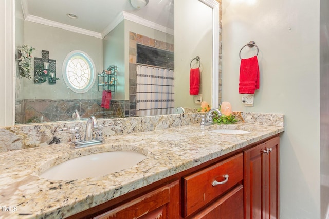 1770 Gentry Ridge Rd, Roxboro, NC 27574 - bathroom featuring double vanity, ornamental molding, and curtained shower