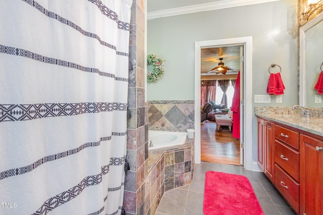 1770 Gentry Ridge Rd, Roxboro, NC 27574 - bathroom with ornamental molding, a garden tub, tile patterned flooring, vanity, and curtained shower