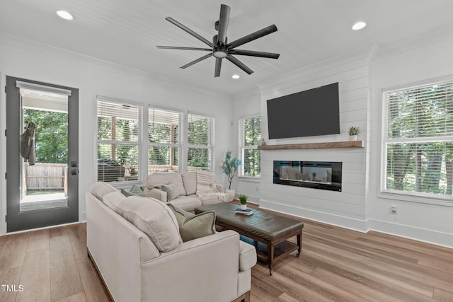 415 1st St, Apex, NC 27502 - living room featuring crown molding, a ceiling fan, wood finished floors, a large fireplace, and healthy amount of natural light