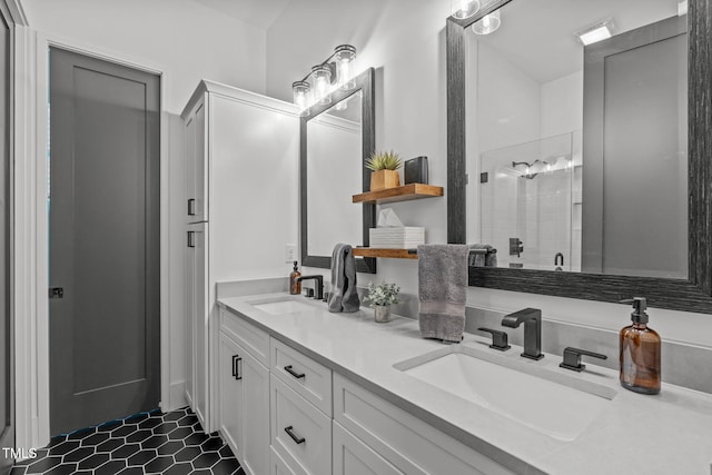415 1st St, Apex, NC 27502 - full bath with double vanity, a shower stall, and tile patterned flooring