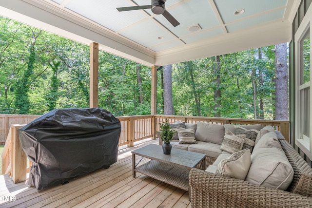 415 1st St, Apex, NC 27502 - wooden terrace with outdoor lounge area, ceiling fan, and area for grilling