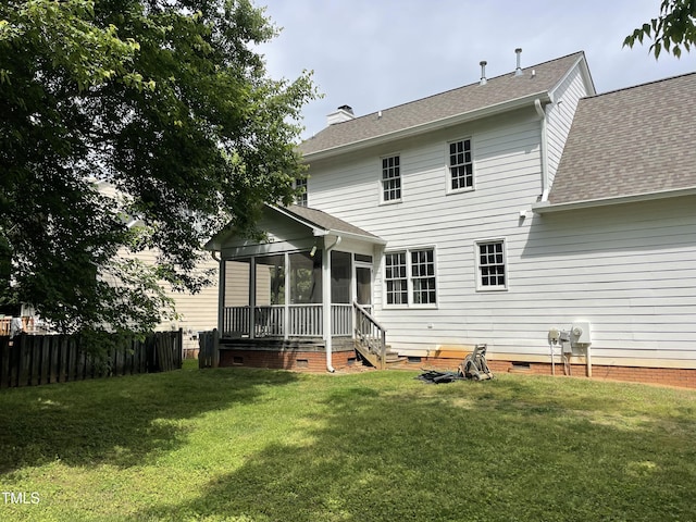 2208 Fieldmont Ct, Raleigh, NC 27614 - back of property with a sunroom, a chimney, crawl space, and roof with shingles