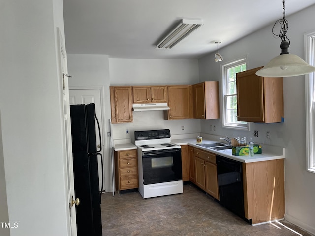 2208 Fieldmont Ct, Raleigh, NC 27614 - kitchen with black appliances, under cabinet range hood, a sink, and light countertops