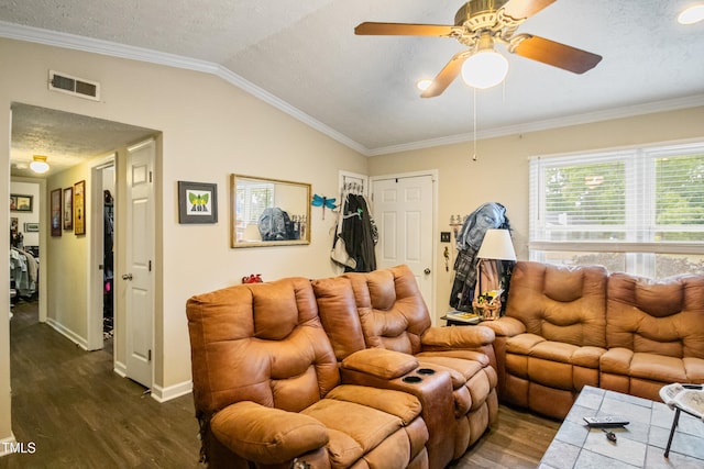 6424 Bretton Woods Dr, Hope Mills, NC 28348 - living area featuring dark wood-type flooring, a ceiling fan, baseboards, ornamental molding, and a textured ceiling