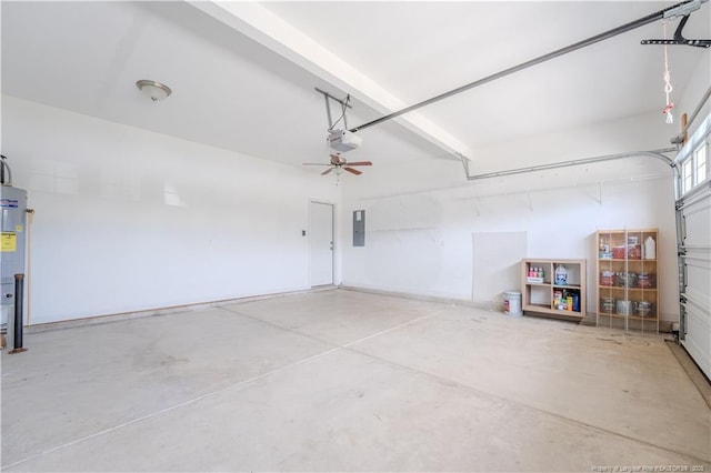2912 Seafarer Dr, Fayetteville, NC 28306 - garage featuring electric panel, a garage door opener, ceiling fan, and water heater