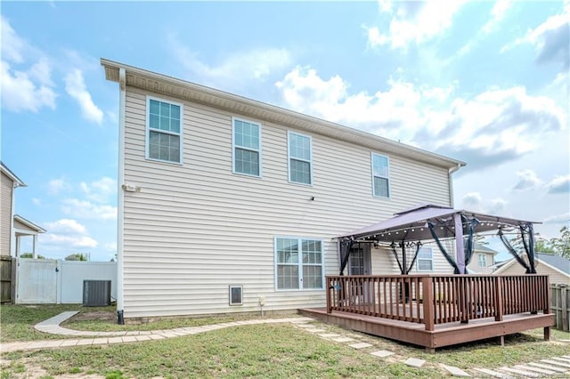2912 Seafarer Dr, Fayetteville, NC 28306 - rear view of house with a gazebo, a wooden deck, and central air condition unit