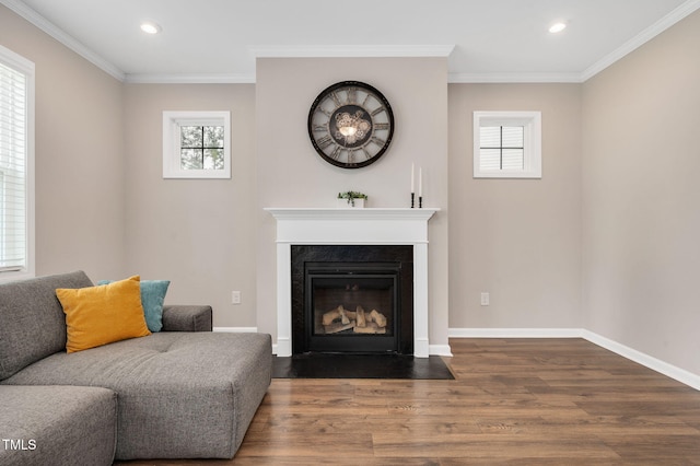 31 Pascoli Ct, Clayton, NC 27527 - living area with dark wood-style flooring, healthy amount of natural light, recessed lighting, ornamental molding, and a fireplace
