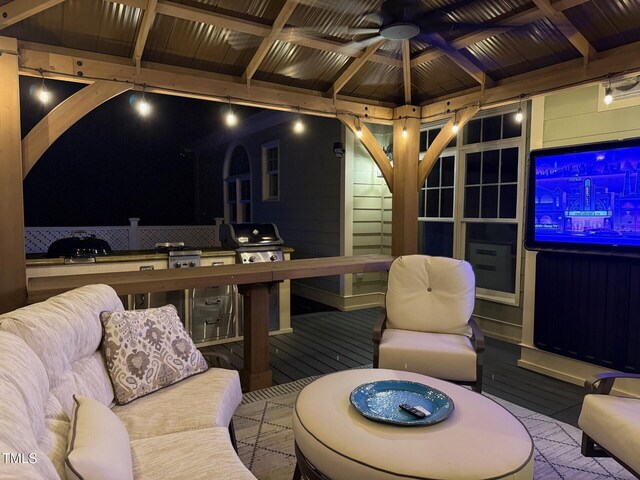 6553 Vintage Ridge Ln, Fuquay Varina, NC 27526 - view of patio featuring ceiling fan, area for grilling, a gazebo, a deck, and an outdoor living space