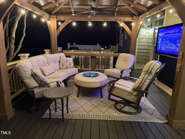 6553 Vintage Ridge Ln, Fuquay Varina, NC 27526 - deck at twilight with a gazebo, an outdoor living space, and ceiling fan