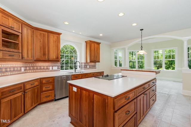 6553 Vintage Ridge Ln, Fuquay Varina, NC 27526 - kitchen with dishwasher, black electric cooktop, a sink, a center island, and brown cabinetry