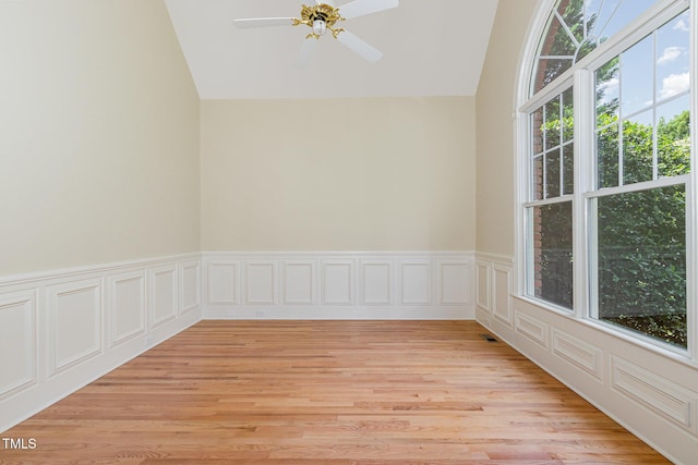 6553 Vintage Ridge Ln, Fuquay Varina, NC 27526 - empty room with vaulted ceiling, light wood-type flooring, and ceiling fan