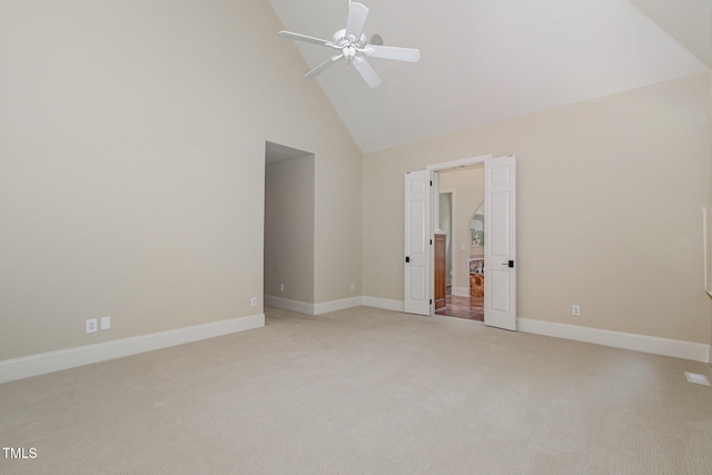 6553 Vintage Ridge Ln, Fuquay Varina, NC 27526 - unfurnished bedroom with light colored carpet, high vaulted ceiling, baseboards, and a ceiling fan