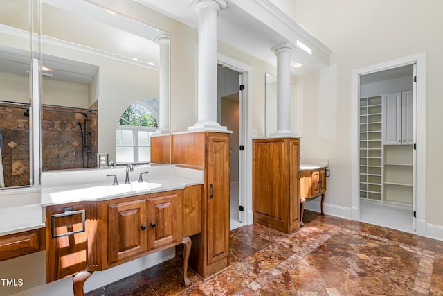 6553 Vintage Ridge Ln, Fuquay Varina, NC 27526 - bathroom featuring ornate columns, vanity, marble finish floors, and baseboards