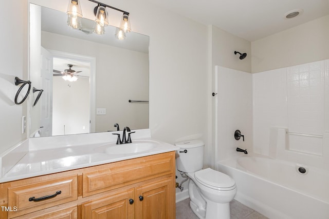 6553 Vintage Ridge Ln, Fuquay Varina, NC 27526 - full bath featuring toilet, vanity,  shower combination, a ceiling fan, and tile patterned floors