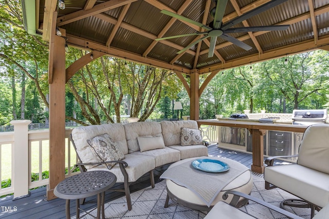 6553 Vintage Ridge Ln, Fuquay Varina, NC 27526 - deck with an outdoor living space, a gazebo, area for grilling, ceiling fan, and view of scattered trees