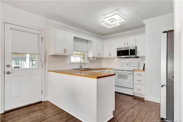 1502 E 11th St, Lumberton, NC 28358 - kitchen featuring stainless steel appliances, wooden counters, a sink, white cabinets, and a peninsula