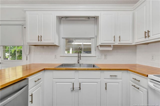 1502 E 11th St, Lumberton, NC 28358 - kitchen featuring butcher block countertops, dishwasher, a sink, white cabinetry, and decorative backsplash
