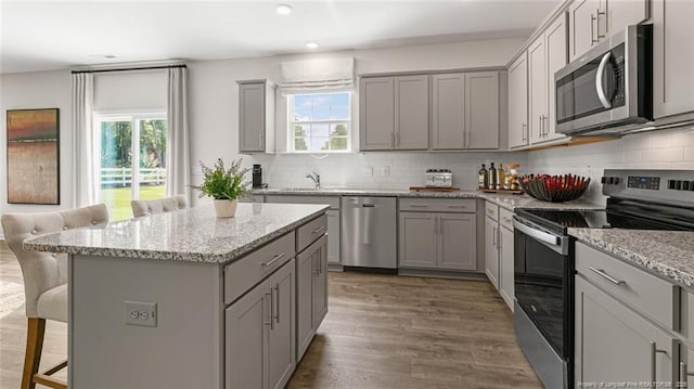 273 Hartfield Ave, Raeford, NC 28376 - kitchen featuring appliances with stainless steel finishes, gray cabinetry, and recessed lighting