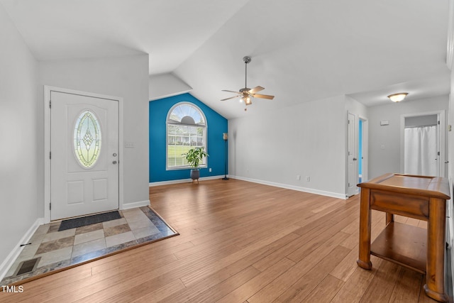 1383 Deercroft Ct, Graham, NC 27253 - entryway with a ceiling fan, lofted ceiling, light wood-style flooring, and baseboards