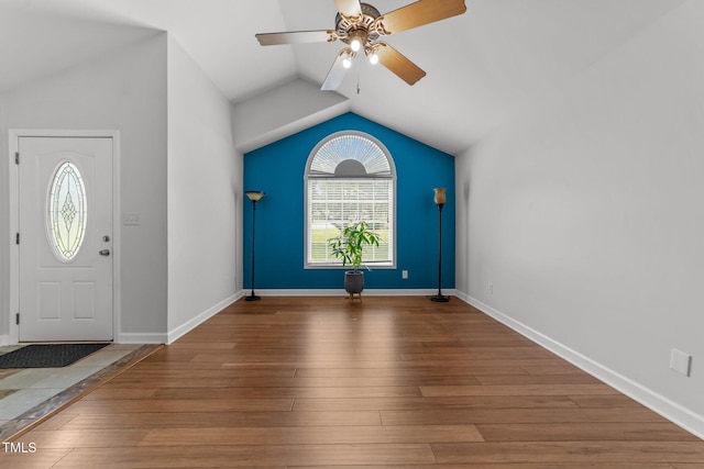 1383 Deercroft Ct, Graham, NC 27253 - foyer with lofted ceiling, a ceiling fan, hardwood / wood-style floors, and baseboards