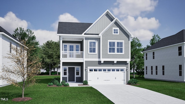 268 Meadowbark Bnd Unit 42, Garner, NC 27529 - view of front of property featuring board and batten siding, driveway, an attached garage, a front lawn, and a balcony