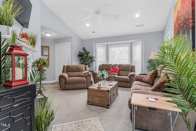 1516 Greys Mill Rd, Rocky Mount, NC 27804 - living room with vaulted ceiling, a ceiling fan, light colored carpet, and recessed lighting