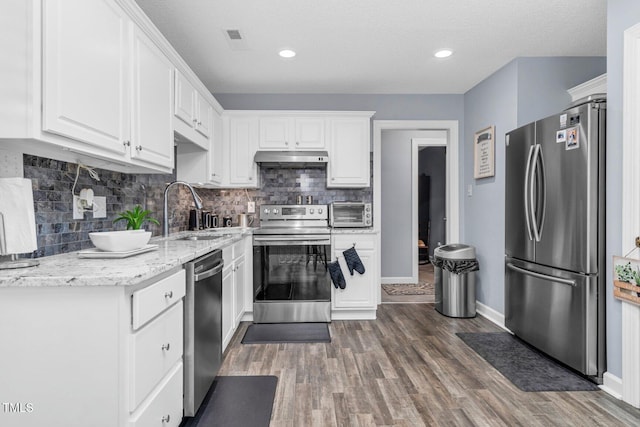 1516 Greys Mill Rd, Rocky Mount, NC 27804 - kitchen featuring stainless steel appliances, white cabinets, wood finished floors, decorative backsplash, and under cabinet range hood