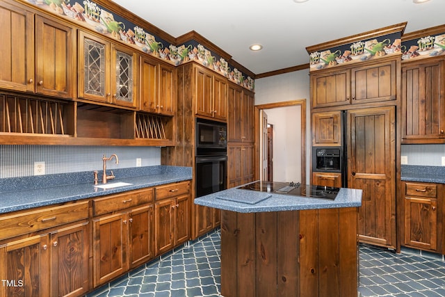 610 Walnut Creek Dr, Goldsboro, NC 27534 - kitchen featuring open shelves, black appliances, dark carpet, a sink, and crown molding