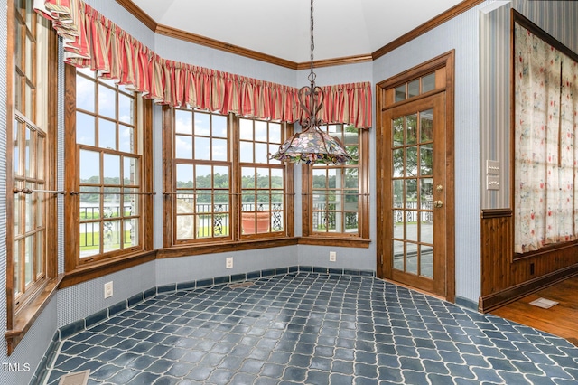610 Walnut Creek Dr, Goldsboro, NC 27534 - unfurnished dining area featuring crown molding, healthy amount of natural light, dark colored carpet, and baseboards