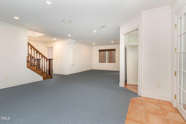 610 Walnut Creek Dr, Goldsboro, NC 27534 - unfurnished room featuring recessed lighting, stairway, crown molding, light tile patterned floors, and light carpet