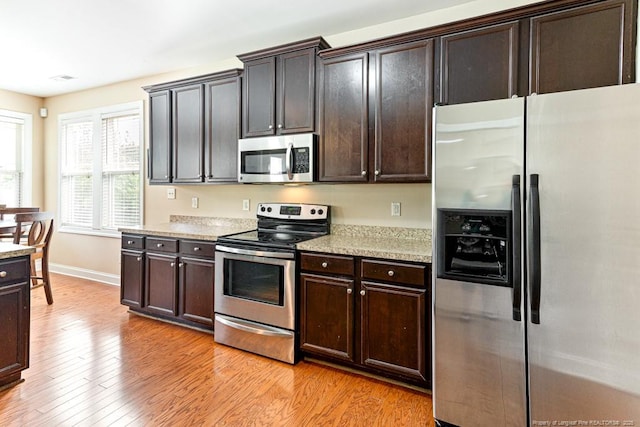 95 Taft Ln, Cameron, NC 28326 - kitchen featuring appliances with stainless steel finishes, light wood finished floors, baseboards, and dark brown cabinetry
