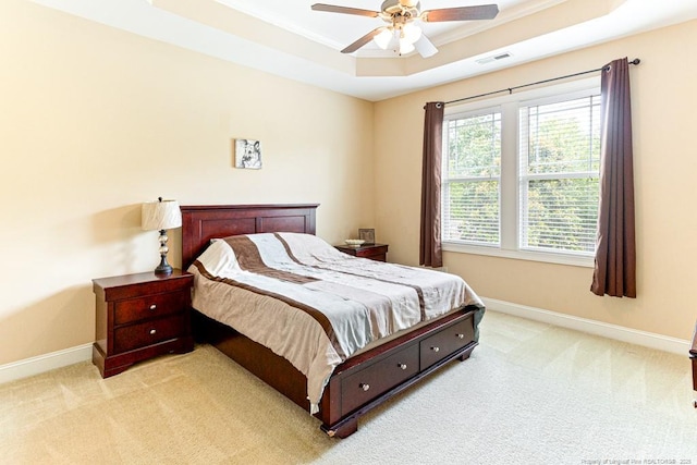 95 Taft Ln, Cameron, NC 28326 - bedroom featuring baseboards, a raised ceiling, light carpet, and crown molding
