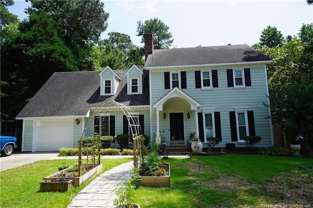 2963 Delaware Dr, Fayetteville, NC 28304 - colonial house with a garage, a garden, a front yard, and a chimney