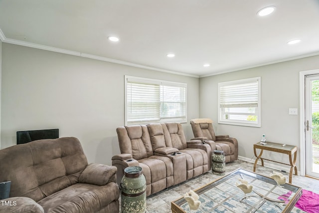 428 Walton St, Durham, NC 27703 - living area featuring ornamental molding, recessed lighting, and baseboards