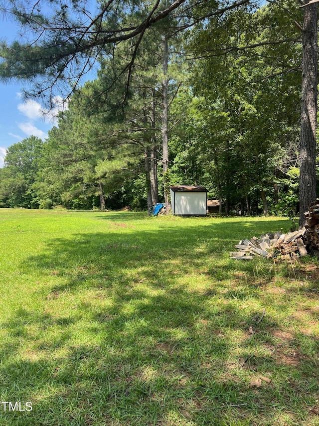 300 Christmas Rd, Warrenton, NC 27589 - view of green lawn with a storage shed and a forest view