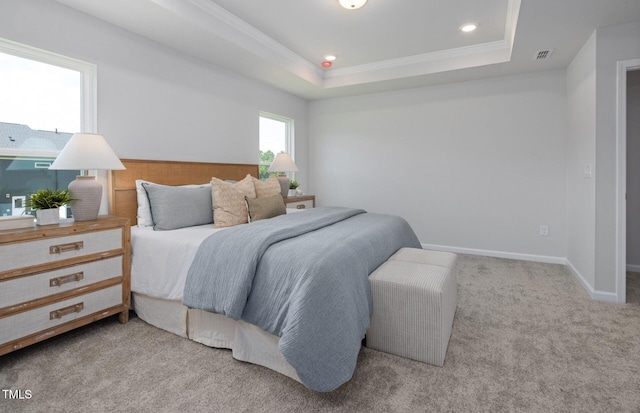 1525 Tamarisk Ln, Durham, NC 27703 - carpeted bedroom with a raised ceiling, baseboards, crown molding, and recessed lighting