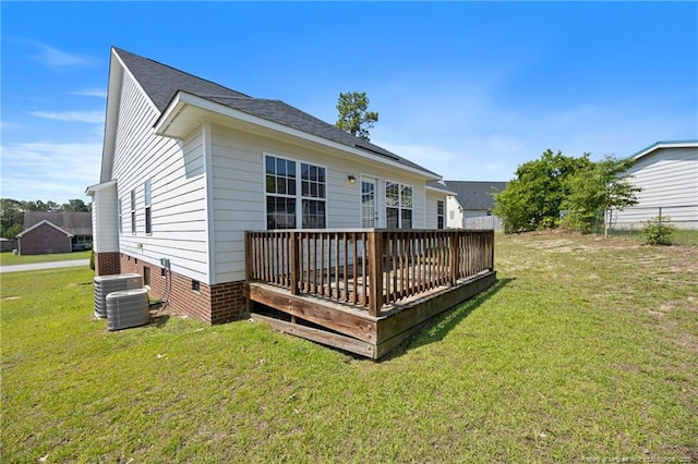 5511 Shady Lawn Dr, Hope Mills, NC 28348 - rear view of property with a deck, a lawn, cooling unit, and crawl space