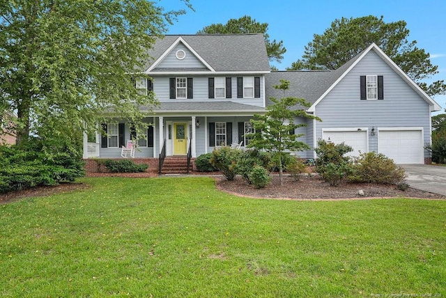 1314 Four Wood Dr, Fayetteville, NC 28312 - colonial inspired home with concrete driveway, a porch, an attached garage, a shingled roof, and a front lawn