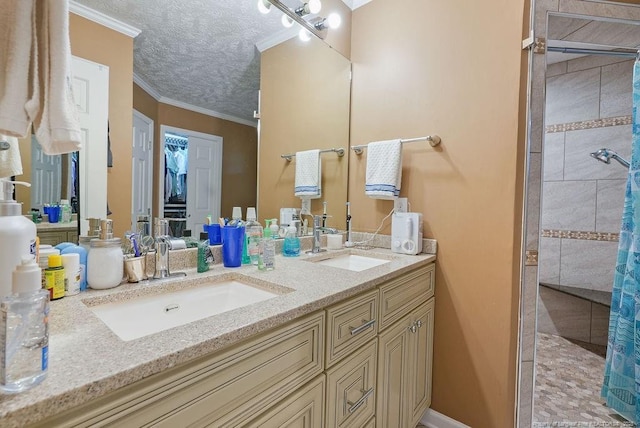 1314 Four Wood Dr, Fayetteville, NC 28312 - full bath with double vanity, tiled shower, a textured ceiling, and crown molding