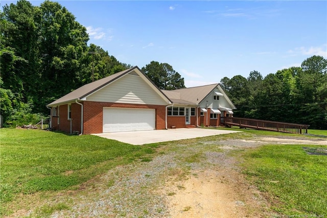 472 Walter Bright Rd, Sanford, NC 27330 - ranch-style house with dirt driveway, a front lawn, a garage, and brick siding